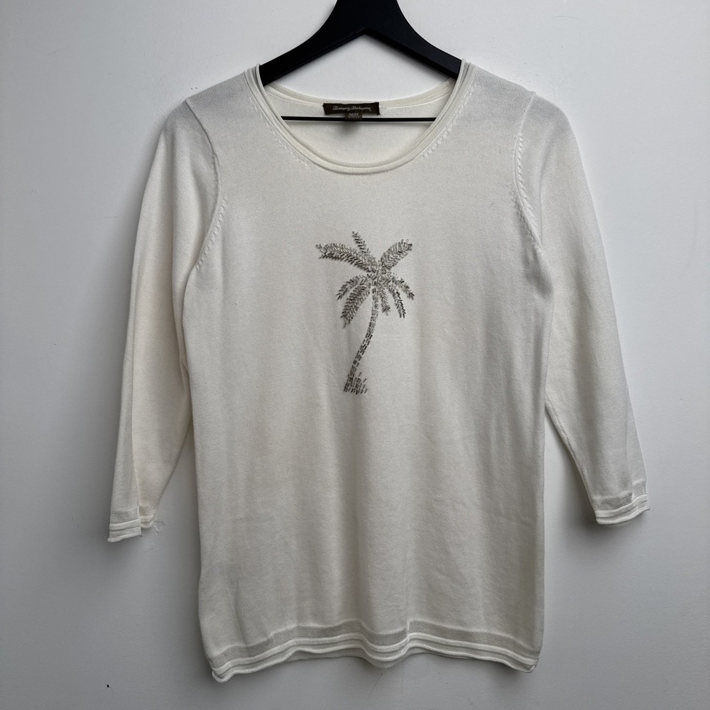 Tommy Bahama 3/4 Sleeve Shirt Womens M White Beaded Palm Tree Cotton Vacation